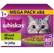 Image of 84 x 85g Whiskas 1+ Mixed Menu Mixed Adult Wet Cat Food Pouches in Jelly