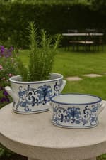 Image of Set of 2 White & Blue Floral Ceramic Planters Footbath Vase Indoor Outdoor Decor