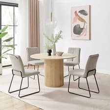 Image of Penrose Oak Effect 120cm Round Dining Table & 4 Halle Fabric Dining Chairs Scan