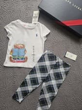 Image of Ralph Lauren Polo Bear Teddy T Shirt Tartan Leggings Baby Girl Gift Set 9-12M
