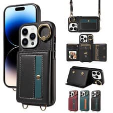 Image of Cross body shoulder belt back flip wallet leather case kickstand card holder
