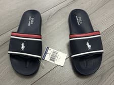 Image of Polo Ralph Lauren, Boy's Navy, Red & White Logo Sliders, Size UK 1.5 - Brand New