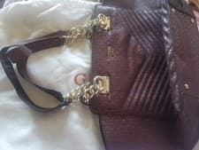 Image of Guess Halley Girlfriend Satchel bag in bordeaux, chevron design