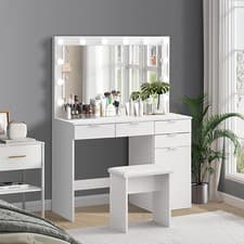 Image of White Dressing Table with LED Lights Mirror Stool Drawers Vanity Makeup Desk Set
