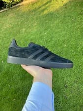 Image of Adidas Originals Gazelle Mens Triple Black Leather Retro Trainers-UK 9, 10, 11