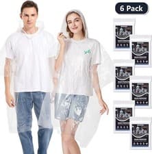 Image of 6 Pack Disposable Rain Ponchos for Adults, Clear Plastic Rain Poncho with Drawst