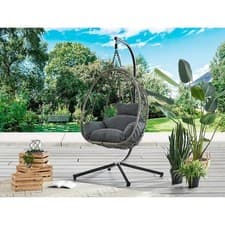 Image of Rattan Swing Chair with Cushion, Garden Foldable Basket Patio Hanging Egg Chair