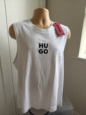 Image of HUGO BOSS HUGO BEACH TANK TOP EMBROIDERED LOGO WHITE SZ LG REGFIT BNWT RRP £49☀️