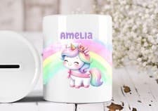 Image of Personalised Cute Rainbow Unicorn Money Box Ceramic Savings Pot Gift Idea