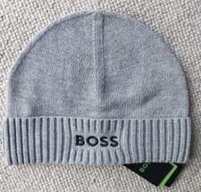 Image of Genuine HUGO BOSS Grey Asport Embroidered Black Logo BEANIE Cuff Tags