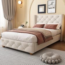 Image of 3ft Upholstered Single Bed Frame with Button & Rivet Upholstery, 90x190cm, Beige
