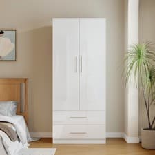 Image of White 2 Door Wardrobe with 2 Drawers Bedroom Storage White, High Gloss Doors