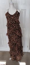 Image of Boohoo Black /Brown Lined Leopard Print Chiffon Ruffle Maxi Dress Size 16 New