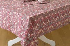 Image of William Morris Red Strawberry Thief 132 x 229cm Cotton Floral Tablecloth UK Made