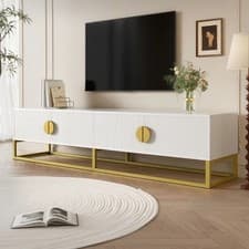 Image of BTM White TV Cabinet Modern Low TV Unit with 4 Doors Media Unit with Semi Circul