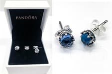 Image of New PANDORA 925 Sparkling White Blue Cubic Zirconia Crown Stud Earrings 298311CZ