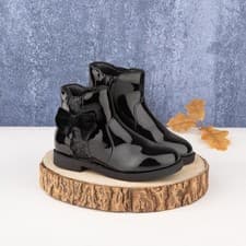 Image of Walkright Girls Boots Black Kids Ankle Patent Bow Chelsea Zip Up Lauren SIZE