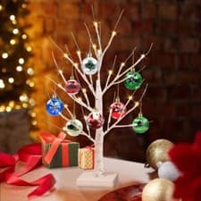 Image of A white Christmas tree with lights 2 feet tabletop birch tree with 24 warm color
