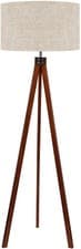 Image of Modern Tripod Floor Lamp Brown E27 Wood Legs, Flax Shade Home Office