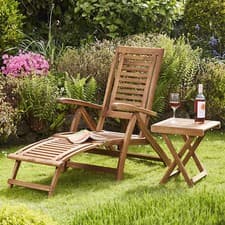 Image of Garden Life Acacia Hardwood Folding Steamer Deckchair Sun Lounger Side Table Set