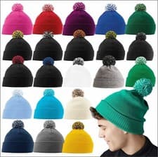 Image of Beechfield 2 Tone Snowstar Beanie Hat Winter Bobble Contrast Unisex Pom Pom Cap