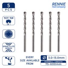 Image of Pack Of 5 x TCT Tipped Masonry Drill Bits Sizes 3 - 13mm For Brick Concrete Wood