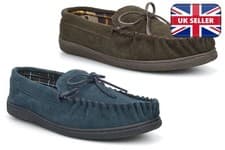 Image of Mens Moccasin Slippers Mens Leather Slippers Real Suede Slippers Carpet Slippers