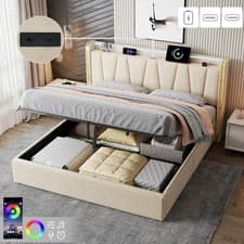 Image of Ottoman Storage Linen Upholstered Bed Frame with LED Lighting 5ft King Sized Bed