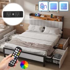 Image of Double Size Bed Frame Metal Bed Platform LED Lights Headboard & 4 Storage Drawer