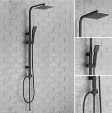 Image of Square Shower Kit Twin Head Mixer Rail Hose Riser Waterfall Bathroom Black Set