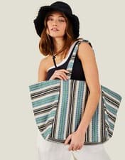 Image of ACCESSORIZE STRIPE WINGED TOTE BAG BLUE BLACK CREAM GREEN LARGE SHOPPER HANDBAG