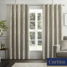 Image of Curtains Pair Chateau Embossed Damask Jacquard Eyelet Curtina Natural