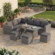 Image of Rattan Garden 9 Seater Outdoor Set Furniture Sofa Chairs Table Bench Patio, Grey