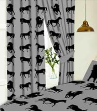 Image of HORSES 66" x 54" GREY SLATE BLACK READY MADE PENCIL PLEAT CURTAINS EQUESTRIAN 