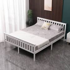 Image of Double Bed Solid Pine Wood Frame With Footboard Wood Slat Support Bedroom White