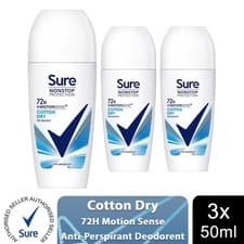 Image of 3x Sure Women Motion Sense AP Deodorant Roll-on 72H Nonstop, Cotton Dry, 50ml