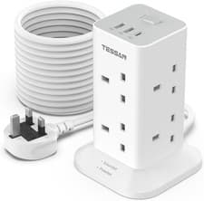 Image of TESSAN 8 Way Tower Extension Lead 10M Surge Protected Power Strip 3 USB/UK Plug
