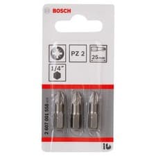 Image of Bosch Extra Hard PZ2 Screwdriver Bits 25mm Pack Of 3 Part No 2607001558