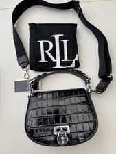 Image of New Lauren Ralph Lauren  Black Embossed Medium Tanner Crossbody Bag leather croc