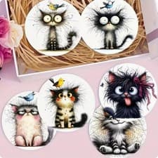 Image of Set of 6 Crazy Cat Wooden Coasters 10cm Round Drink Mats Gift