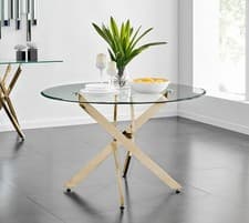 Image of NOVARA Gold Large Round Glass Dining Table And 4/6 Faux Leather Dining Chairs