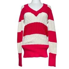 Image of NWT Y2K Faded Glory Women's Pink White Striped Cable Knit V Neck Sweater M