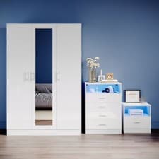 Image of Bedroom Furniture Set High Gloss 3 Door Wardrobe Chest of Drawers Bedside Table