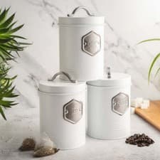 Image of Tea Coffee Sugar Cannister 3 Piece Metal Kitchen Storage Bin Jar Set 11 Colours