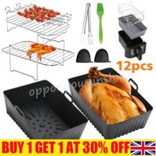 Image of 12PC Air Fryer Accessories Set Steel Rack Grill Baking Pot Dual.Basket For Ninja