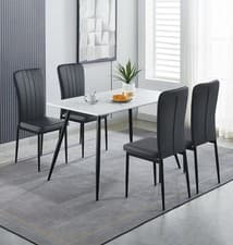 Image of Dining Set, White Marble Effect Dining Table 120cm & 4 Black Faux Leather Chairs