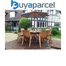 Image of Charles Taylor 8 Seater Wooden Round Garden Dining Table & Chairs Parasol Grey