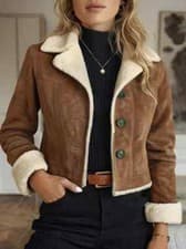 Image of Women's Brown Suede Leather Cropped Bomber Fur Shearling Jacket Coat Outwear