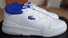 Image of Lacoste Leather Trainers Lineshot SMA White Blue Size 8 UK Brand New