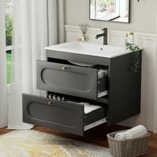 Image of White Wall Hung Vanity Unit & Sink Basin 2 Drawer Bathroom Storage Cabinet 600mm